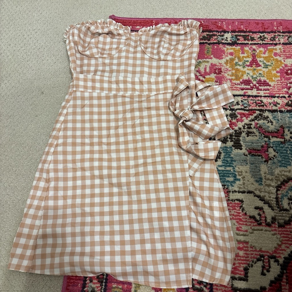 Gingham tan and white wrap around dress